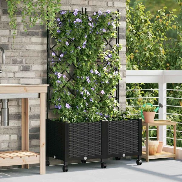 vidaXL Bac de jardin avec treillis et roues 2 pc Noir 80 x 40 x 149 cm