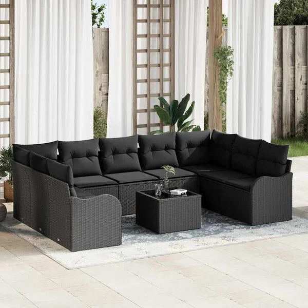 vidaXL Ensemble de canapé de jardin 10 pc Noir polyrotin