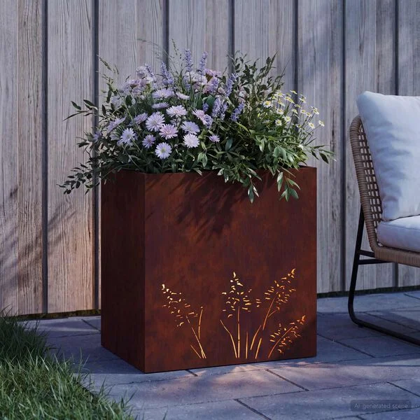 vidaXL Cache-pot de jardin Rouillé 50 x 30 x 49 cm Acier patiné
