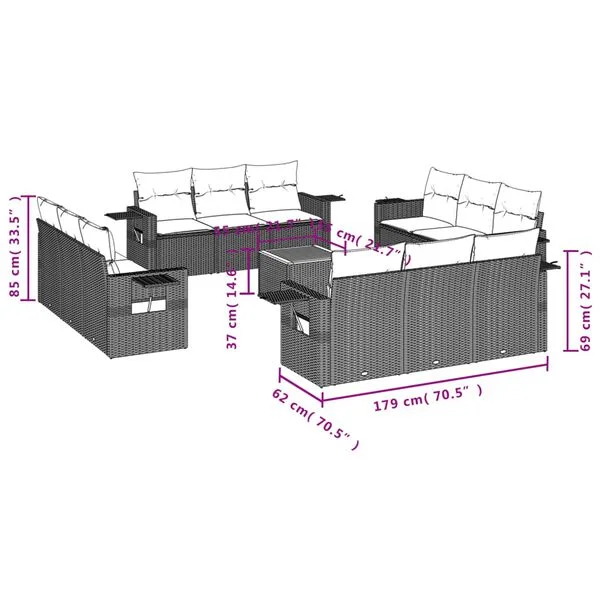 vidaXL Salon de jardin avec coussins 13 pcs noir résine tressée