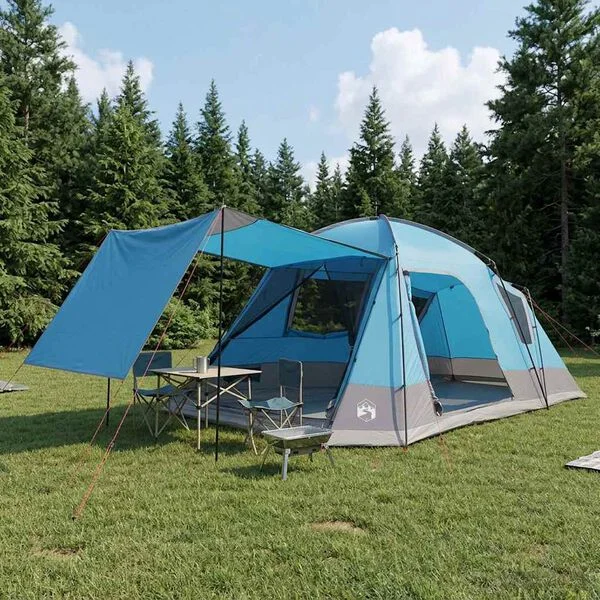 vidaXL Tente Cabane 12 personne Bleu Polyester et Acier