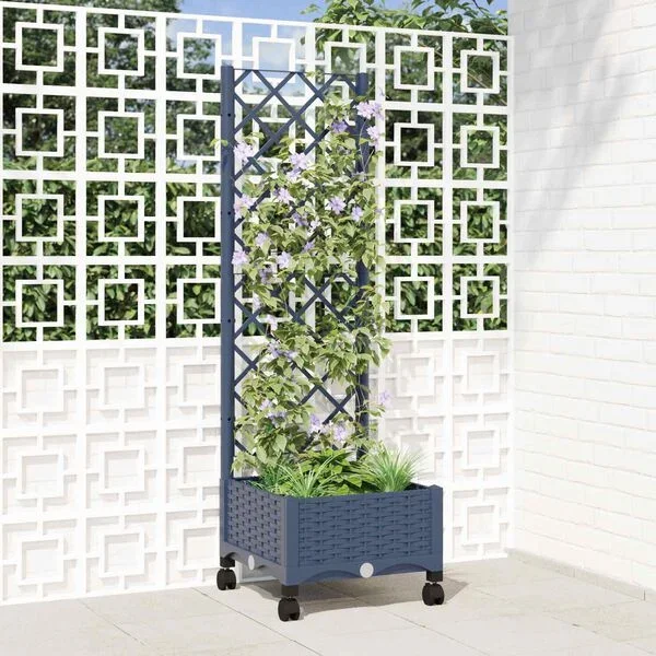 vidaXL Bac de jardin avec treillis et roues Gris Bleu PP