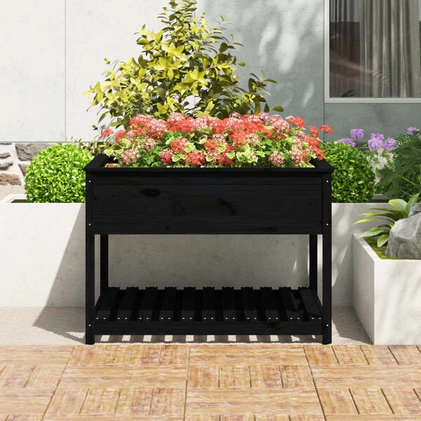 vidaXL Jardinière et étagère Noir 111, 5x111, 5x81 cm Bois massif de pin