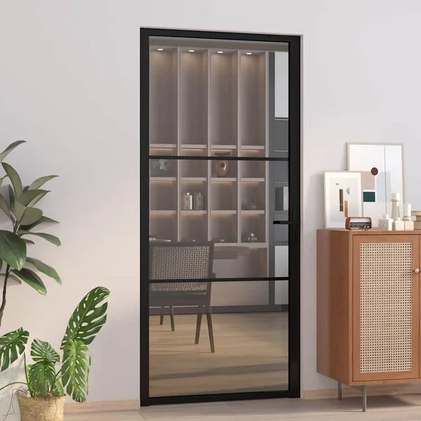 vidaXL Porte intérieure 93x201, 5 cm Noir Verre ESG et aluminium