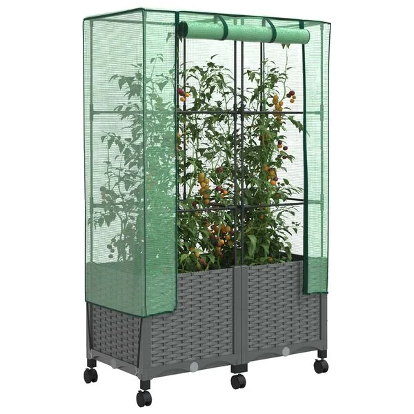 vidaXL Jardinière de jardin avec couverture de serre et roues 2 pc PP