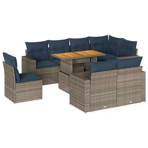 vidaXL Salon de jardin 9 pcs avec coussins gris résine tressée