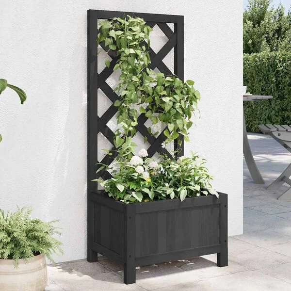 vidaXL Jardinière avec treillis noir 40x30x90 cm bois massif de sapin