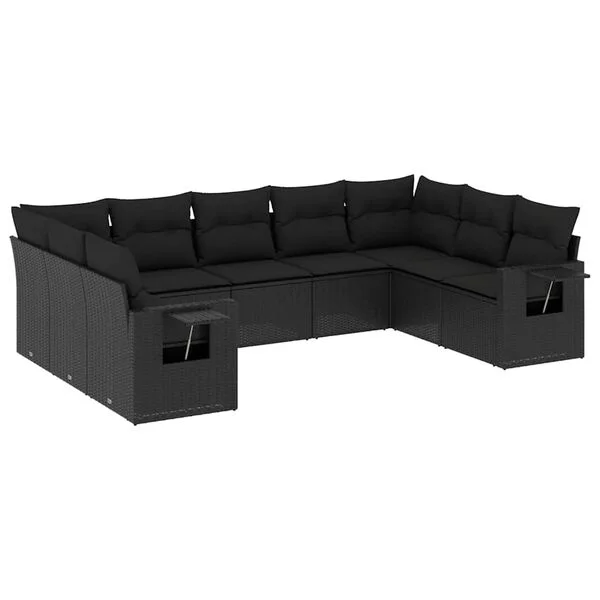 vidaXL Salon de jardin 9 pcs avec coussins noir résine tressée