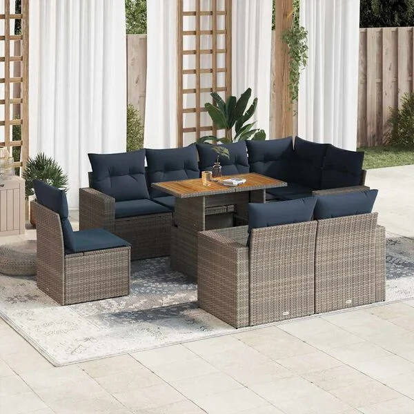 vidaXL Salon de jardin 9 pcs avec coussins gris résine tressée