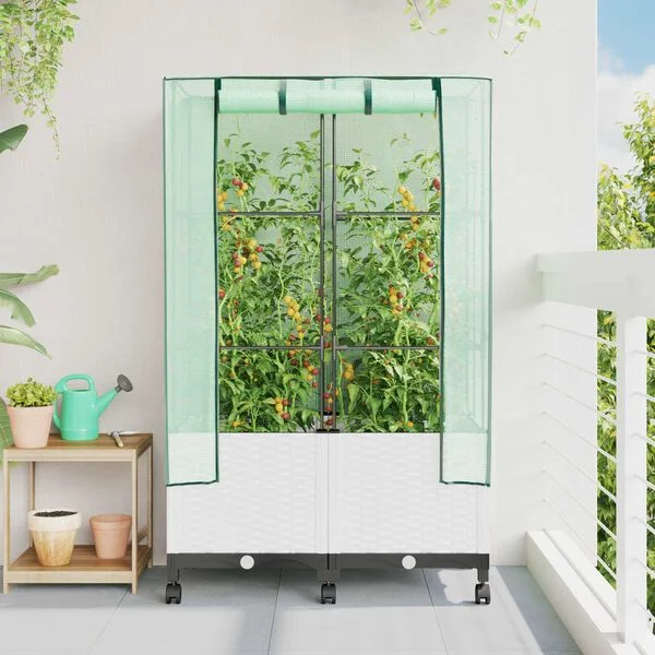 vidaXL Jardinière de jardin avec couverture de serre et roues 2 pc PP