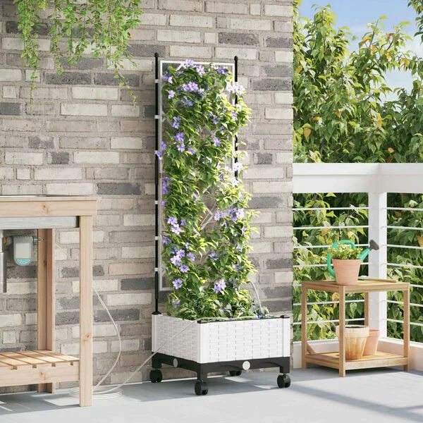 vidaXL Porte-plante de jardin avec irrigation et roues Blanc PP