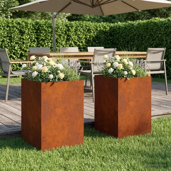 vidaXL Cache-pot de jardin 2 pc Rouillé 40 x 40 x 75 cm Acier patiné