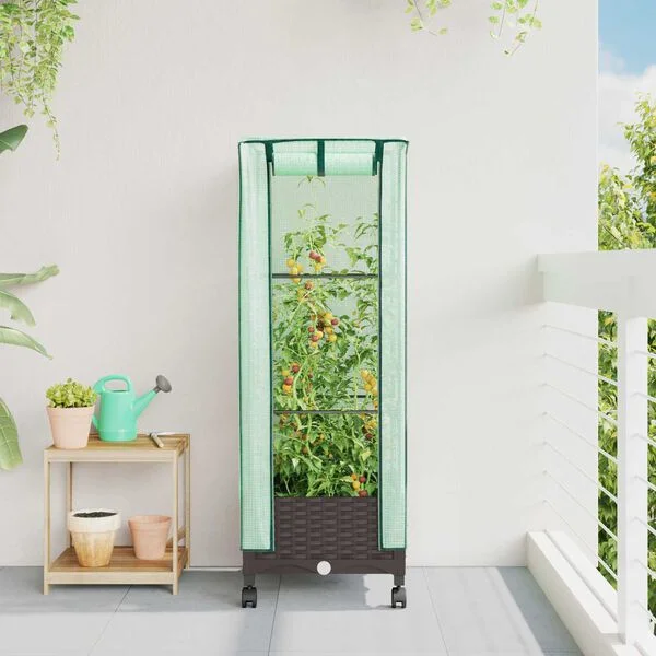 vidaXL Jardinière de jardin avec couverture de serre et roues Marron
