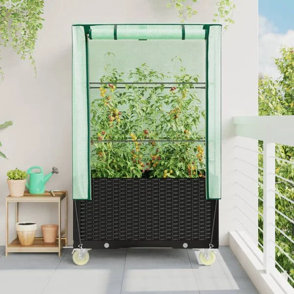 vidaXL Jardinière surélevée avec housse et roues aspect rotin