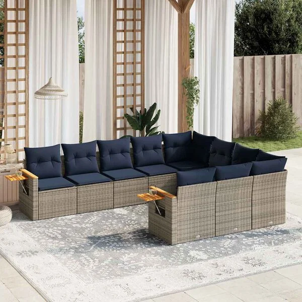 vidaXL Salon de jardin 10 pcs avec coussins gris résine tressée