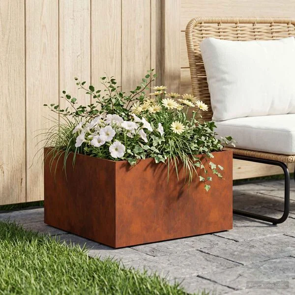 vidaXL Cache-pot de jardin Rouillé 60 x 60 x 30 cm Acier patiné