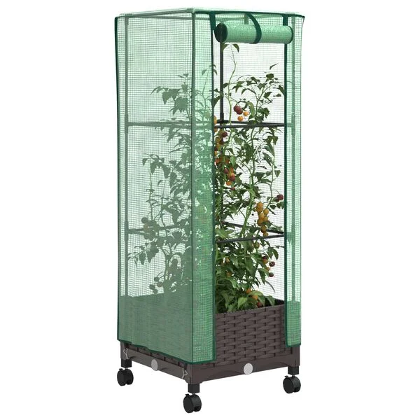 vidaXL Jardinière de jardin avec couverture de serre et roues Marron