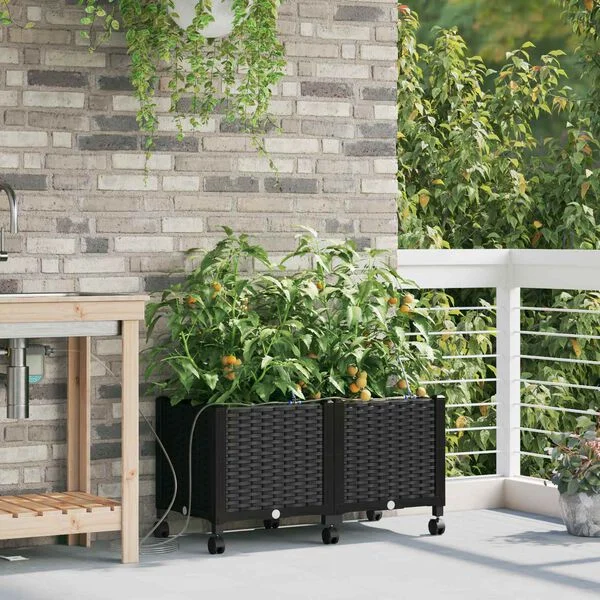 vidaXL Porte-plante de jardin avec irrigation et roues 2 pc Noir PP
