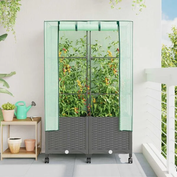 vidaXL Jardinière de jardin avec couverture de serre et roues 2 pc PP