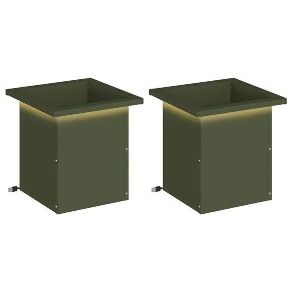 vidaXL Jardinière de jardin avec LED 2 pc Vert olive 30 x 30 x 30 cm