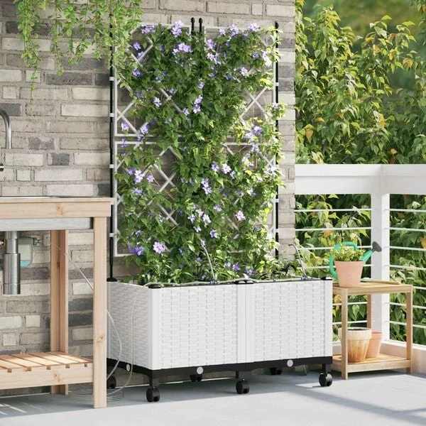 vidaXL Porte-plante de jardin avec irrigation et roues 2 pc Blanc PP