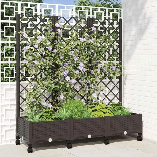 vidaXL Bac de jardin avec treillis et roues Marron 120 x 40 x 131, 5 cm