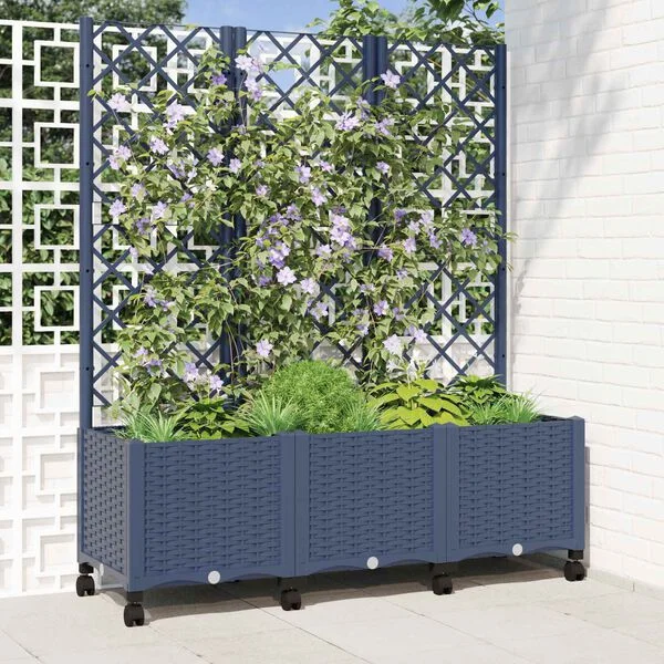 vidaXL Bac de jardin avec treillis et roues Gris Bleu PP