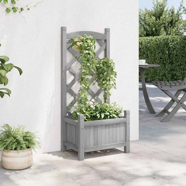 vidaXL Jardinière avec treillis gris 40x30x90 cm bois massif de sapin