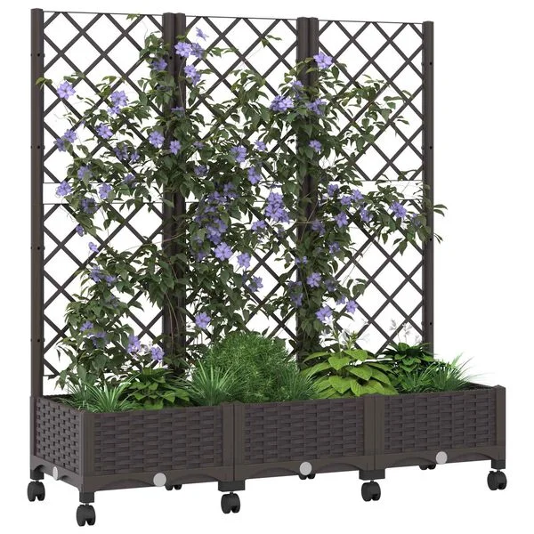 vidaXL Bac de jardin avec treillis et roues Marron 120 x 40 x 131, 5 cm