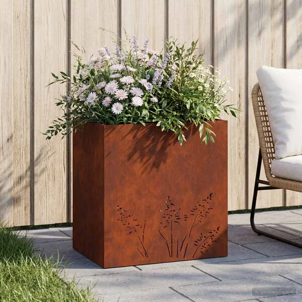 vidaXL Cache-pot de jardin Rouillé 50 x 30 x 49 cm Acier patiné