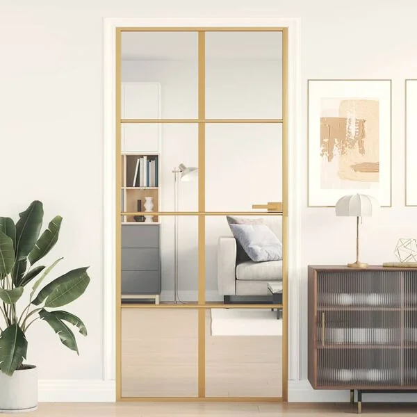vidaXL Porte intérieure mince doré 93x201, 5 cm verre trempé aluminium
