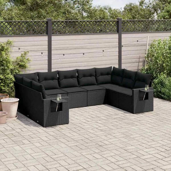 vidaXL Salon de jardin 9 pcs avec coussins noir résine tressée